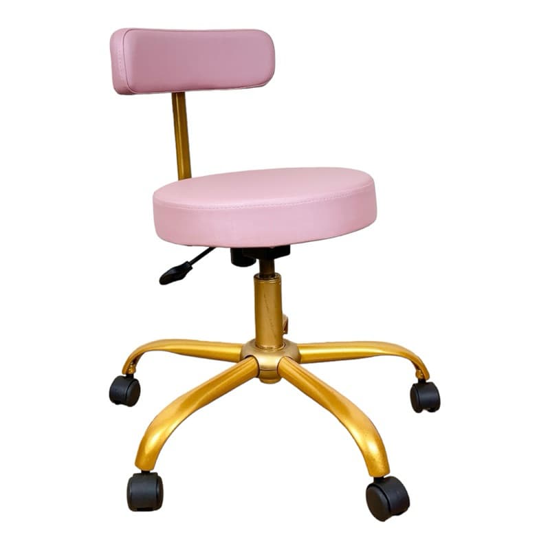 Mocho Ergonômico Profissional para Estética com Encosto Slim Rosa – Manicure Pedicure Médico Base Giratória Dourada