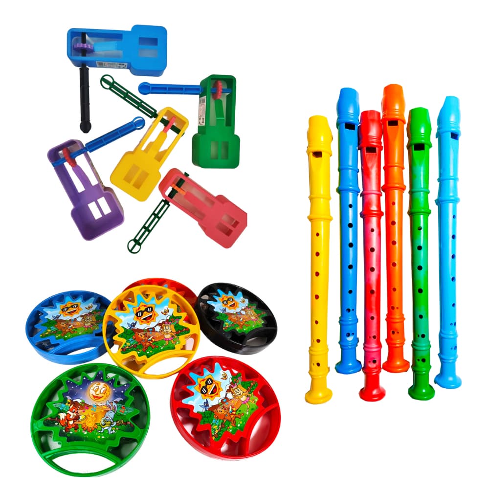 5 Flauta + 5 Pandeiro + 5 Reco Reco Kit Brinquedos Musicais Educativo Lembrancinha Prenda Festa