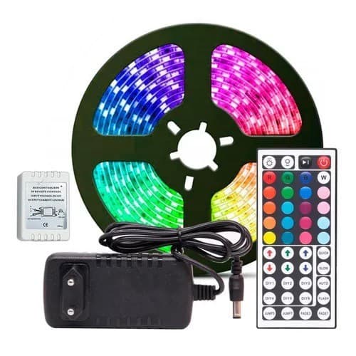 Fita led rgb com fonte 5m 16 cores colorida 300 leds a prova de agua silicone 5050 5 metros Com controle Rolo ótimo para quartos salas iluminação