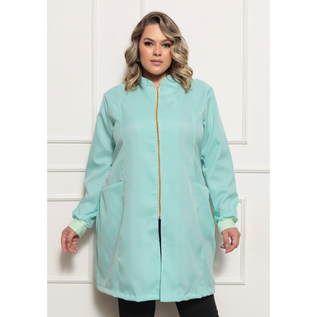 Jaleco Feminino Verde Claro Oxford Zíper Gola Padre Plus Size Nice  Gardenia Jalecos