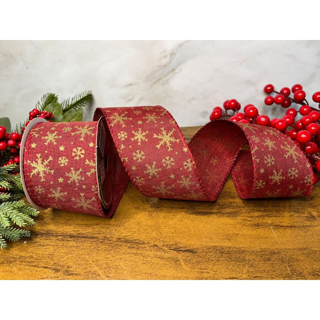 Fita Natalina 6,3cm Vermelha Floco De Neve Dourado 9,14m