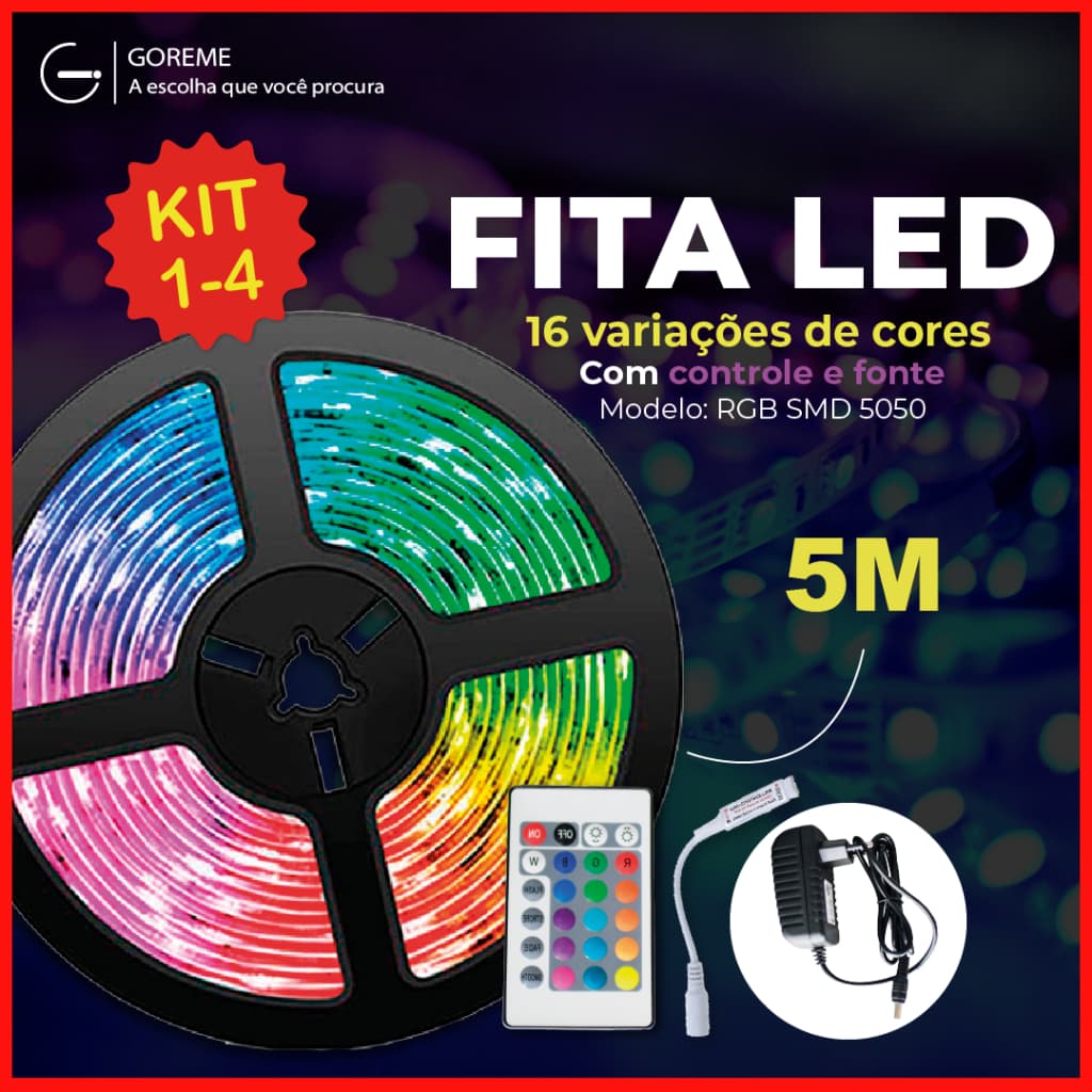 Fita LED 5050 Super Led Ultra RGB 5M 12v 300 Leds | Fita + Controle + Fonte | 16 Cores