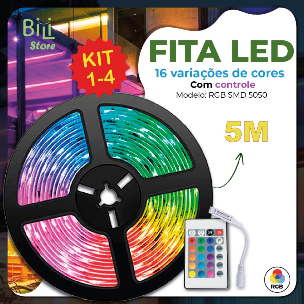 Fita LED 5050 SUPER LED ULTRA RGB 5M 12V 300 LEDS FITA + CONTOLE | 16 CORES IP20 Pronta Entrega