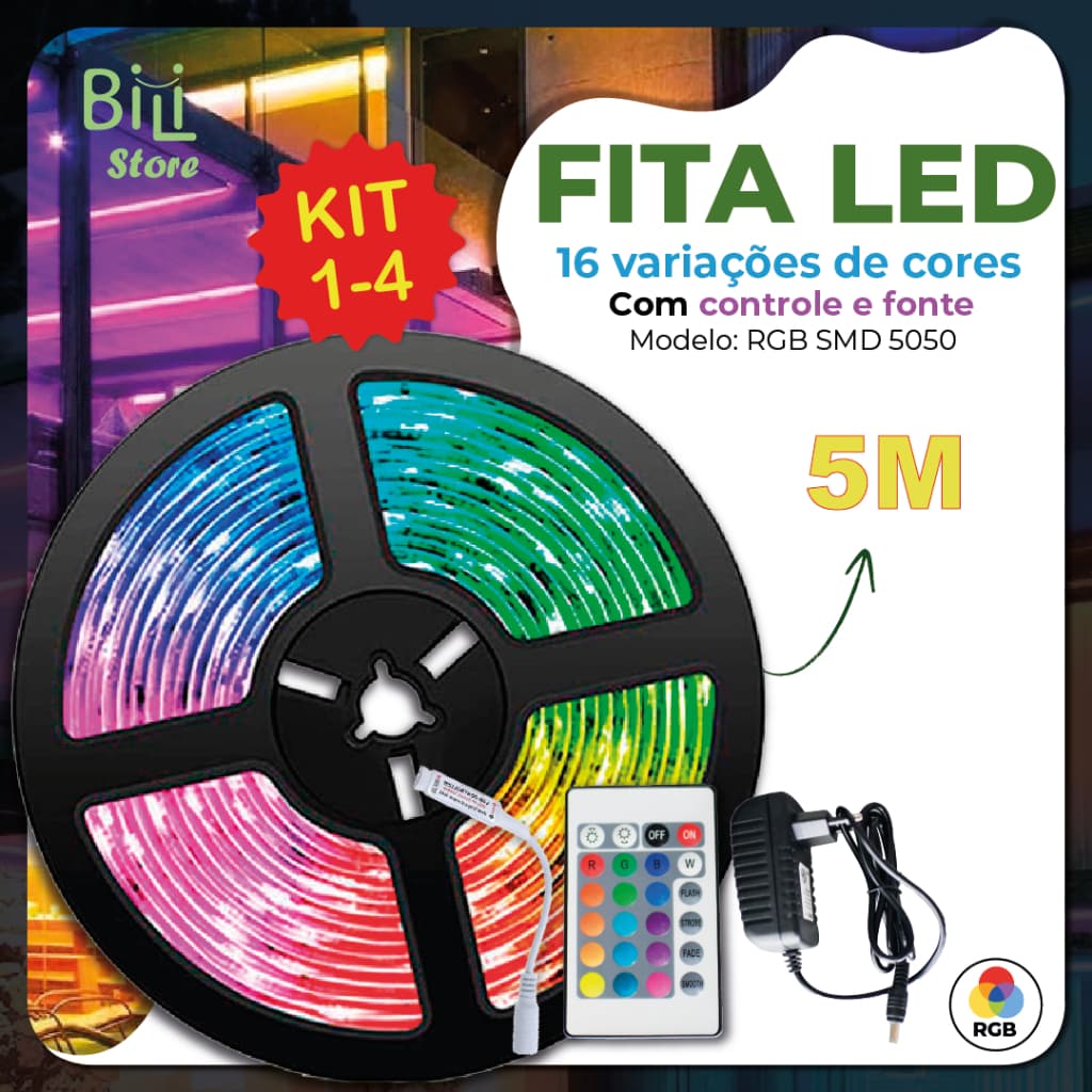 Fita LED 5050 Super Led Ultra RGB 5M 12v  300 Leds | Fita + Controle + Fonte | 16 Cores IP20 Pronta Entrega