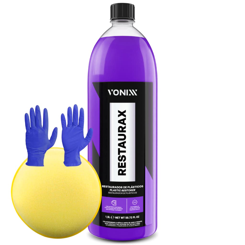 Restaurax 1,5L Restaurador de Plasticos Vonixx Renovador Restaura Restaurax Renova Plastico Interno Externo Uva Aplicador de Espuma Par Luva Kit