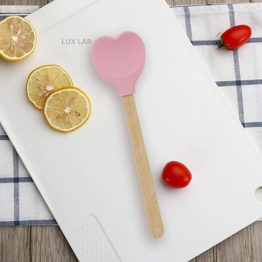 Colher de Silicone Espátula Coração Cabo De Madeira Utensílios de Cozinha Rosa