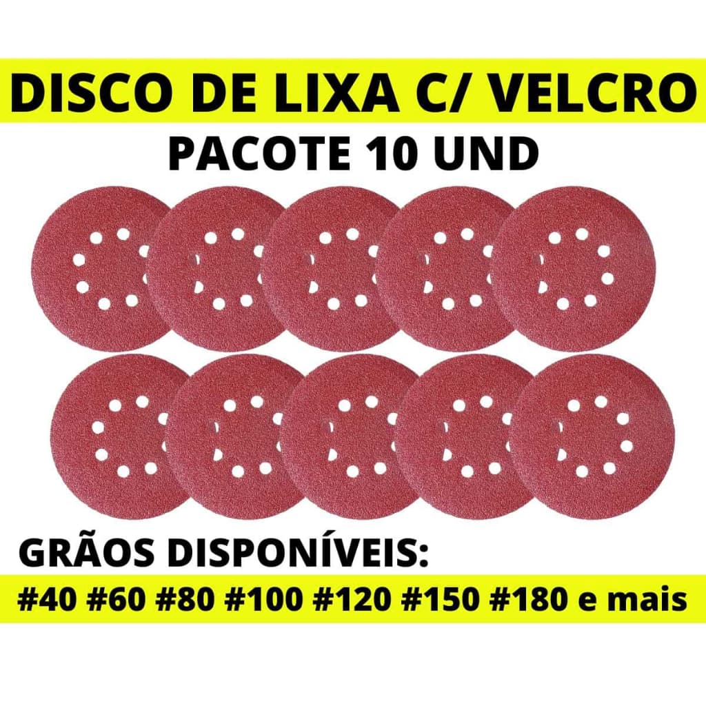 Kit 10 Discos de Lixa para Lixadeira Madeira Ferro 125mm 8 Furos Roto Orbital