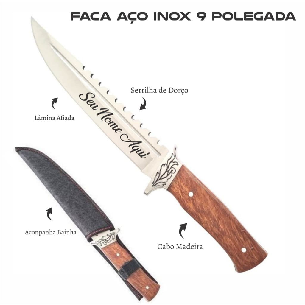 Faca Para Churrasco Bainha 9 Polegadas Cabo Madeira Afiada Premium Com Seu Nome