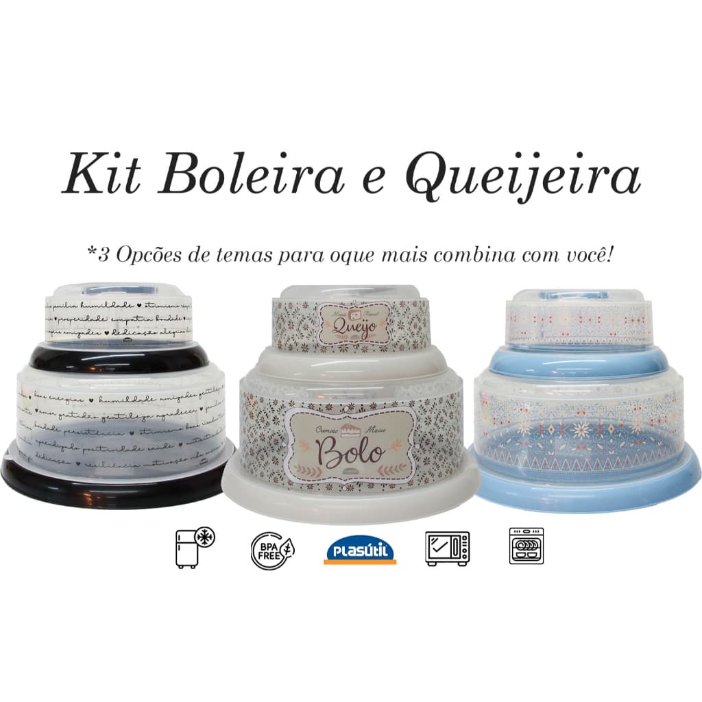 Kit Boleira e Queijeira - Plasútil - Com alça e tampa de rosca - vários temas