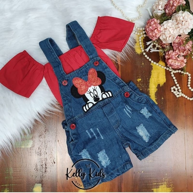 Jardineira  jeans Minnie infantil feminina curta ou longa + croped