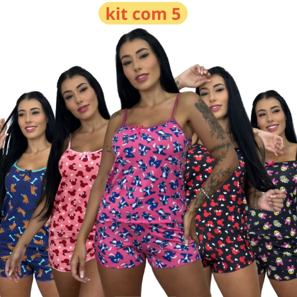 kit 5 Pijama Baby Doll Estampado  com Short Roupa de Dormir