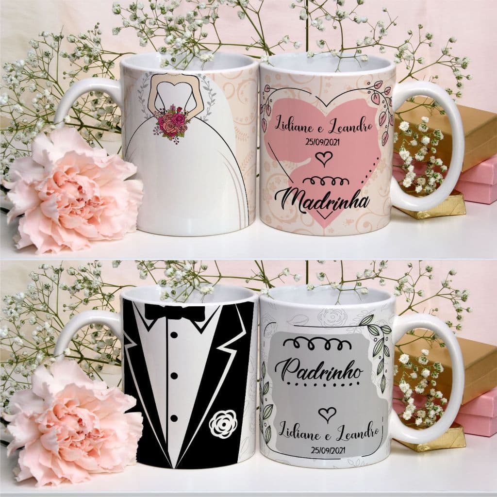 Kit  com 2 , 4, 6 ou 8 Canecas Personalizadas - Madrinha Padrinho de  Casamento