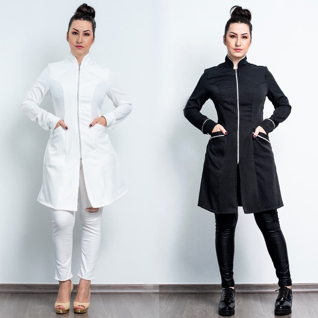 Jaleco Feminino Gabardine Com Elastano Acinturado Gola Padre Zíper Com Punho