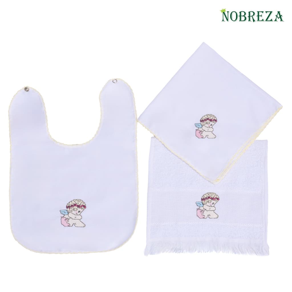 Kit contendo 3 unidades, 1 babador, 1 toalha social, 1 toalha de boca ambas com detalhe em picueta e bordadas ambas com o mesmo desenho