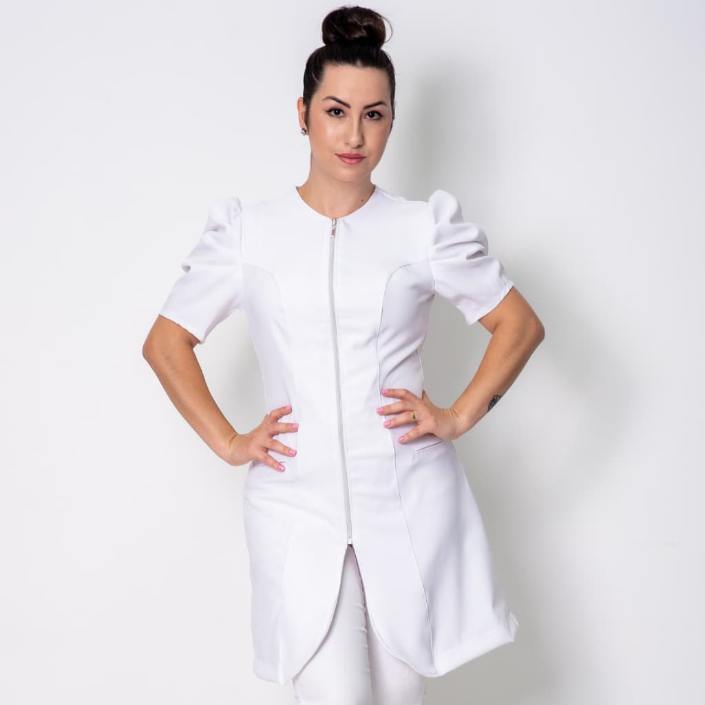 Jaleco Feminino Gabardine Manga Curta Bufante Princesa Acinturado Com Zíper