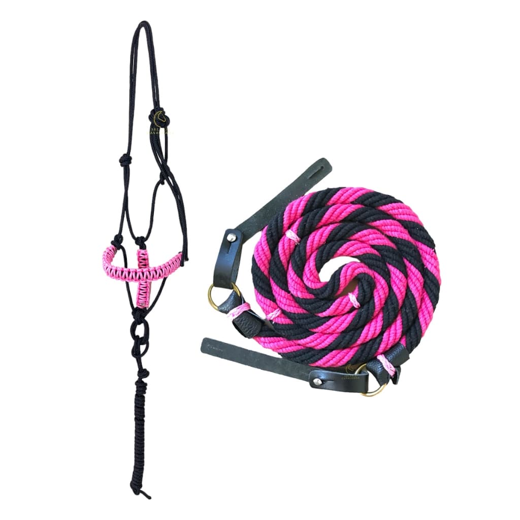 Kit Cabresto 7 Nós Com Rédea Rosa De Lã Torcida Para Cavalos E Mulas