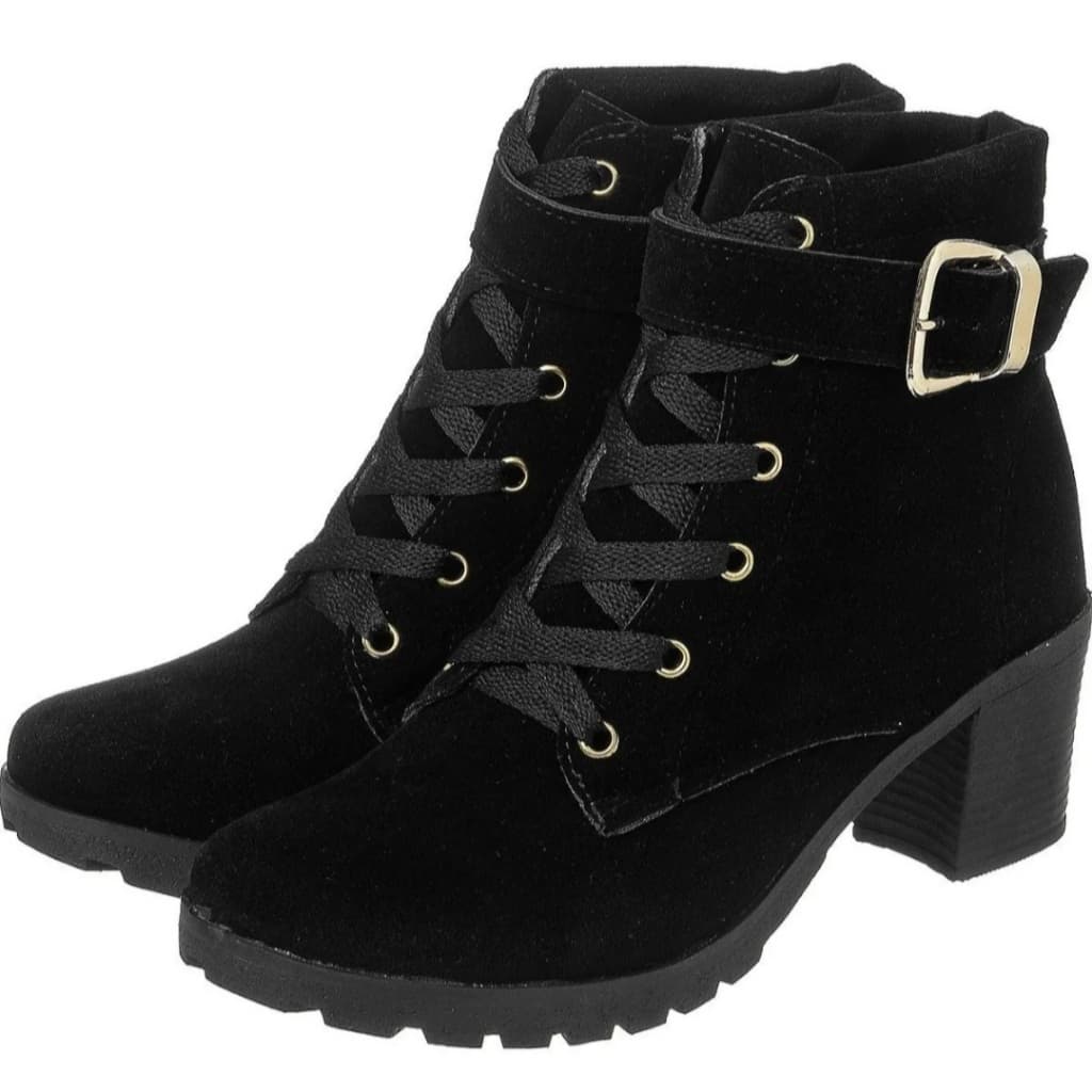 Coturno Botinha Cano Baixo Fivela Nubuck Preto