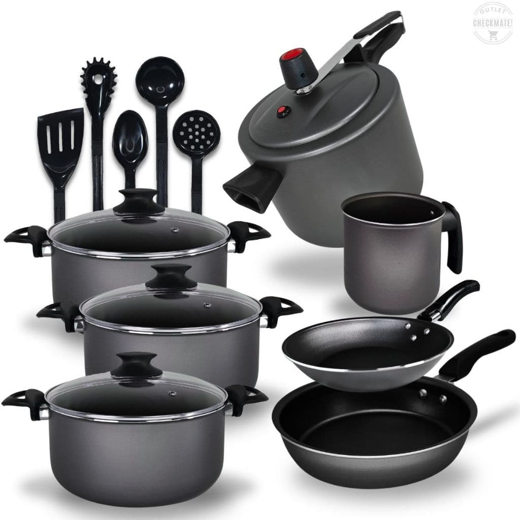 Jogo De Panelas Antiaderente Teflon Com Panela De Pressão 4,5 Litros e Kit Utensílios Cor Preto Grafite
