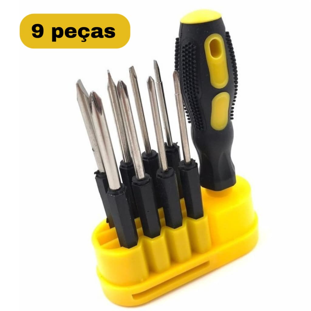 JOGO DE CHAVES KIT  PHILLIPS FENDA ESTOJO 9 PÇS 4 FENDAS + 4 PHILLIPS + BASE INTERCAMBIAVEL
