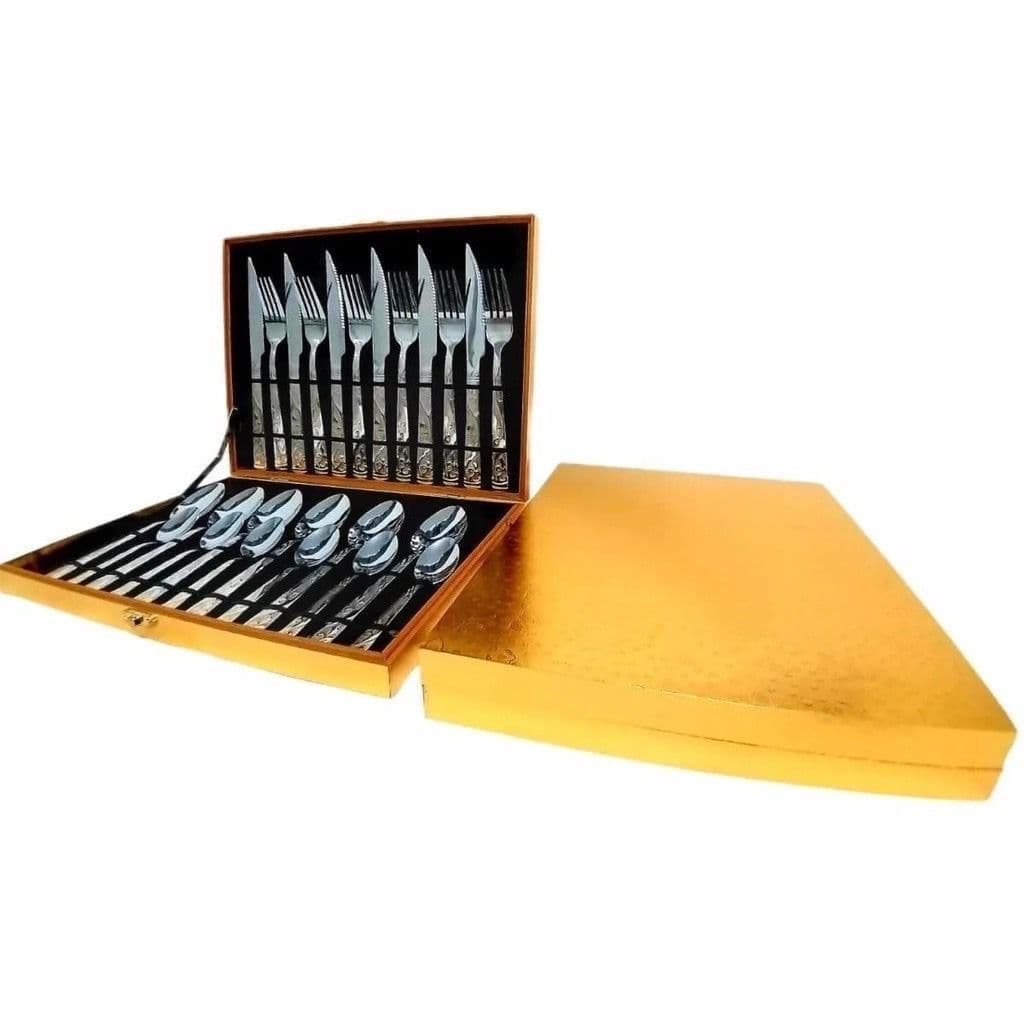 Kit Faqueiro Talheres Com Maleta 24 Peças Em Inox C/ Dourado