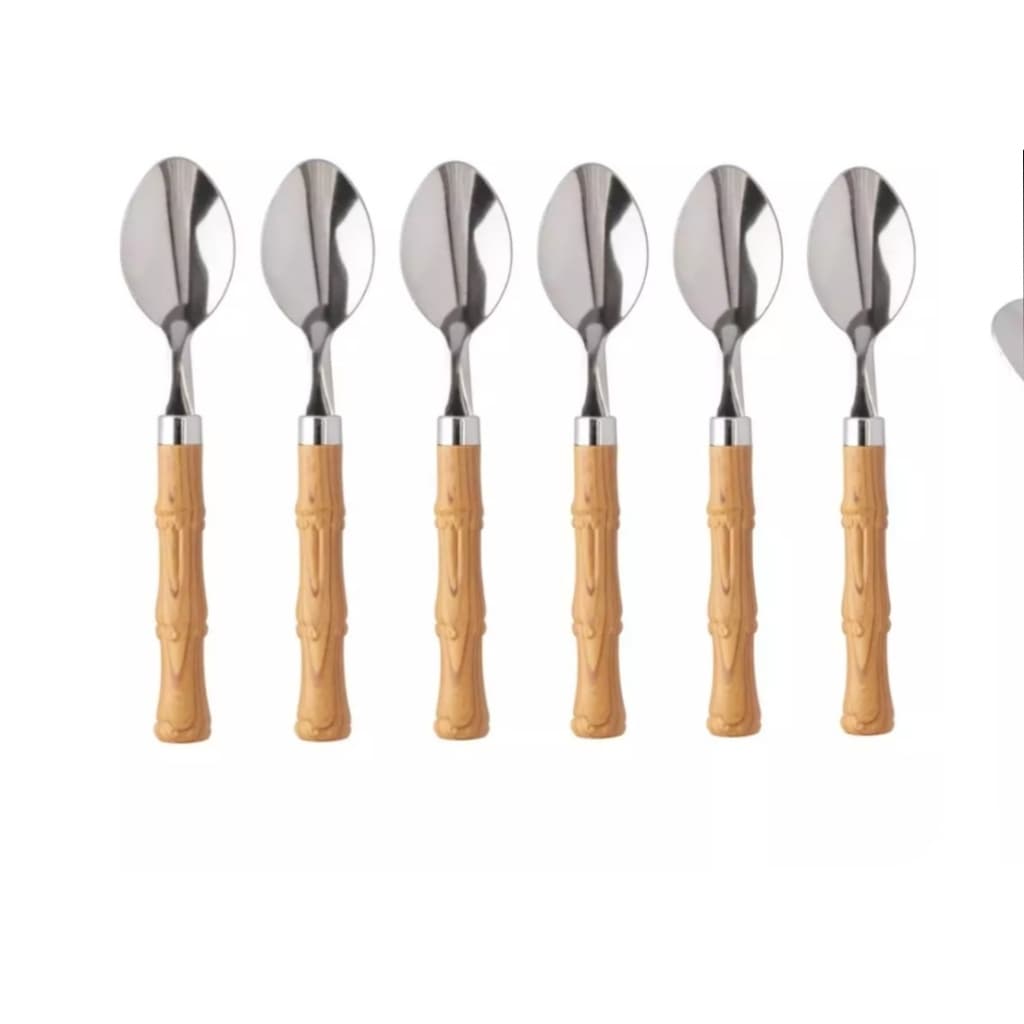 KIT COM SEIS COLHER DE MESA EM ACO INOX CABO BAMBU IMITANDO MADEIRA PLASTICO