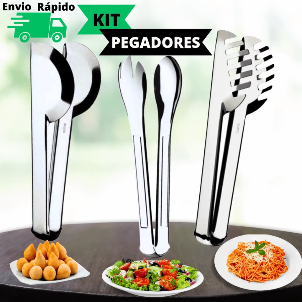 Kit Pegador 3 Peças Pegadores Universal Massa E Salada Com 20cm 100% Aço Inox Para Cozinha Restaurante Buffet Pousada