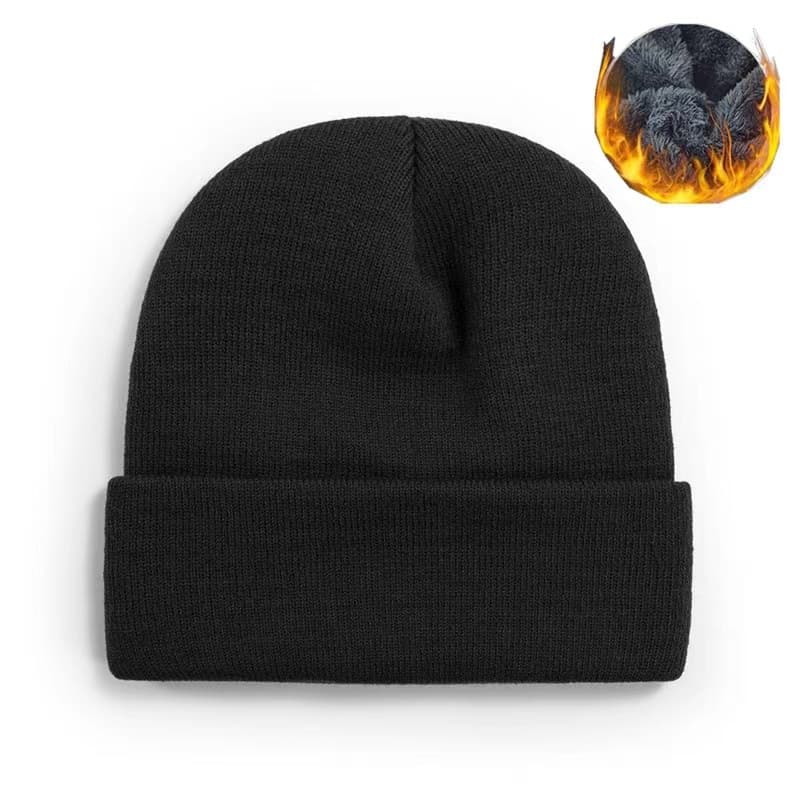 Gorro preto de inverno de poliéster com forro de pelúcia