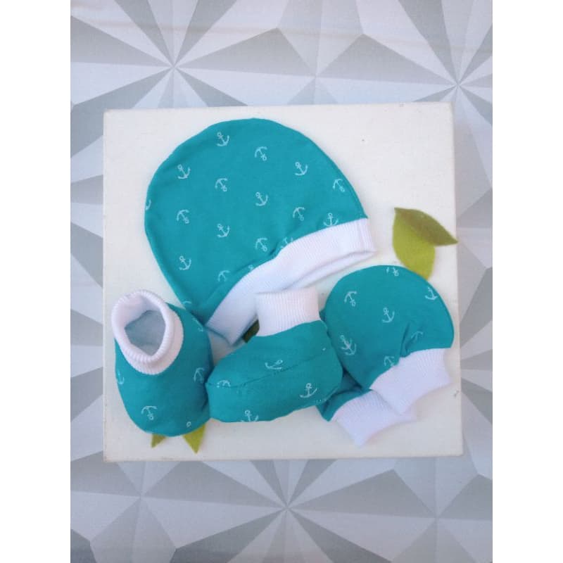 kit de bebê touca, luva e pantufa masculino