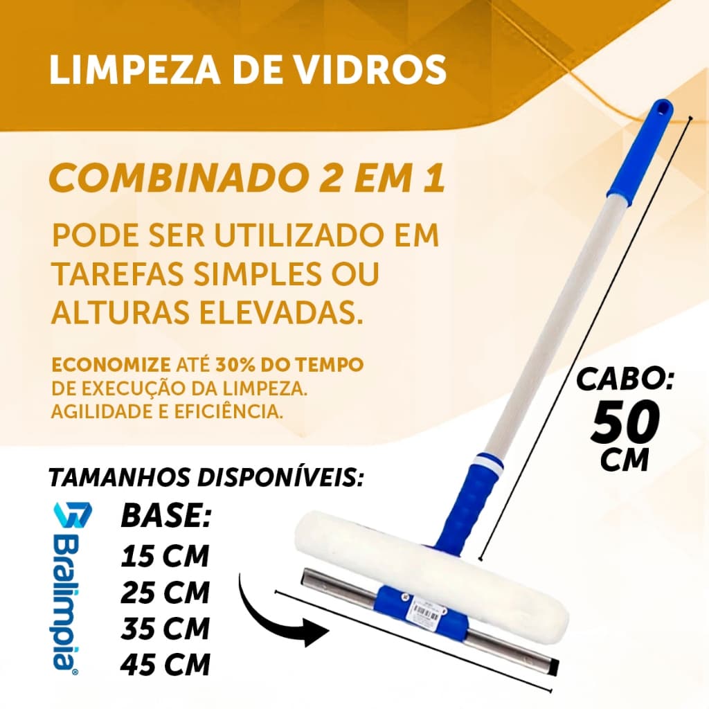 Rodo Combinado Limpa Vidro Bralimpia 15-25-35 OU 45cm A ESCOLHER Com Cabo De 50cm