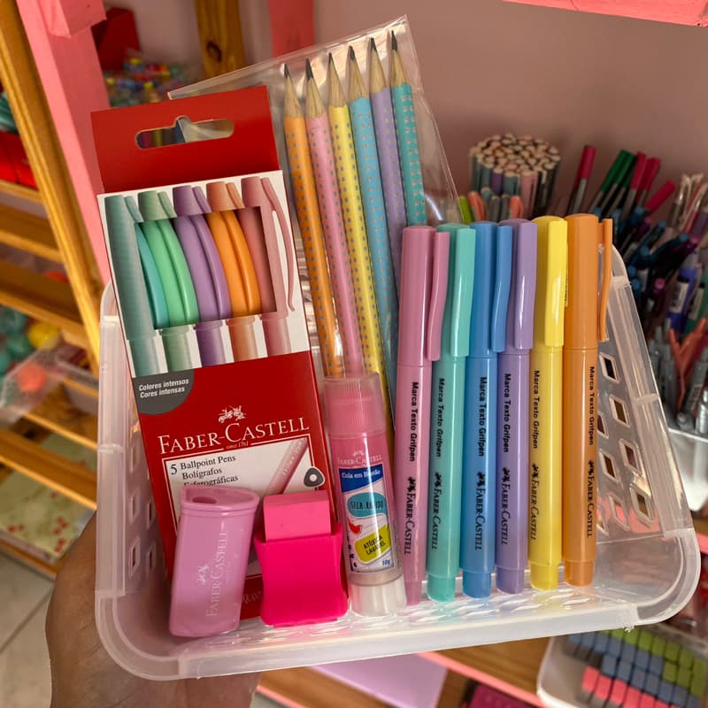 Kit de Papelaria Pastel Faber Castell | Canetas coloridas | Marca texto pastel