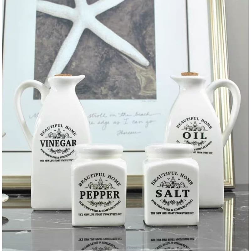 Kit Cerâmica Branco 4 Peças Saleiro+ Pimenteiro+ Galheteiro Porta Óleo Vinagre com Tampa Decorado