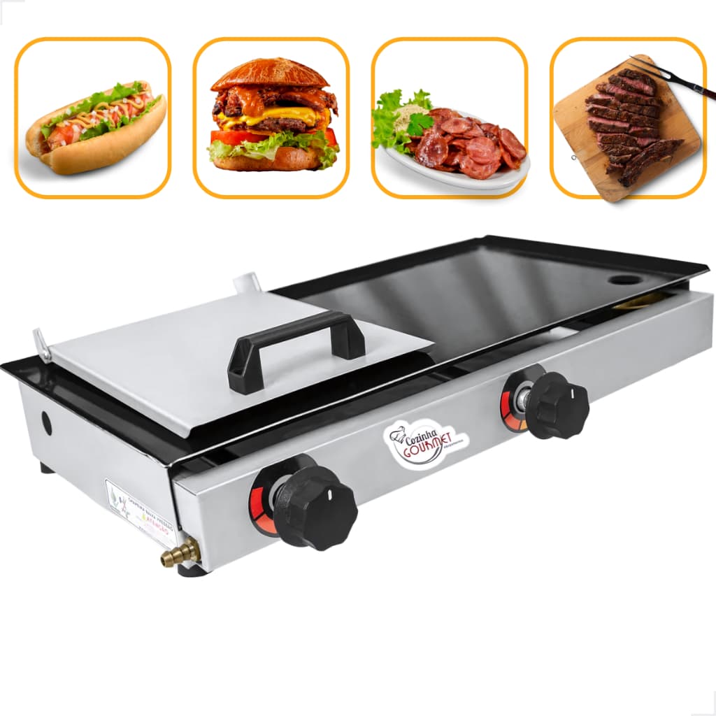 Chapa Lanche Hamburgueria Hot Dog Bife 60x30 A Gás Inox Com Prensador