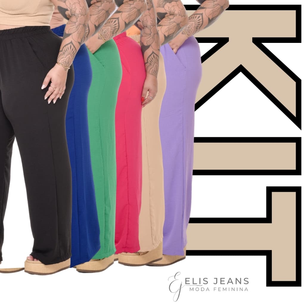 Kit 2 Calça Pantalona Plus Size Feminina Com Bolso Cintura Alta Tecido Duna Zero Transparencia