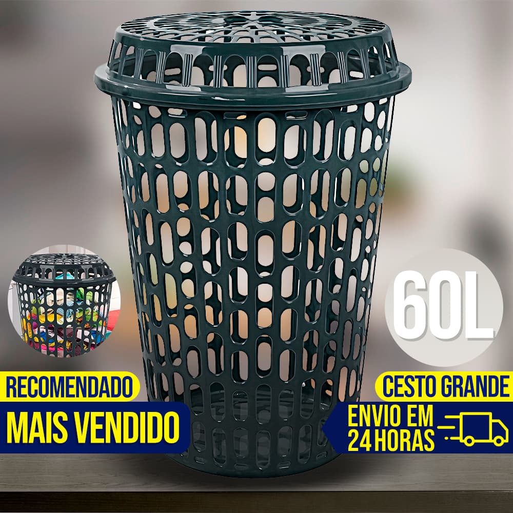 Cesto de Roupa Suja 60 Litros Organizador Multiuso Telado Com Tampa Grande Reforçado
