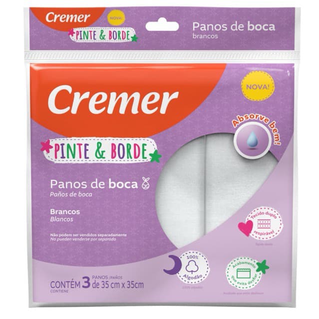 Pano de Boca Pinte e Borde Cremer Branco Kit 3 Un 35x35cm Algodão Bebê Infantil