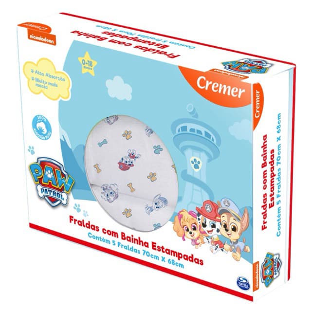 Fralda de Pano Cremer Estampada Luxo Patrulha Canina ou Baby Shark