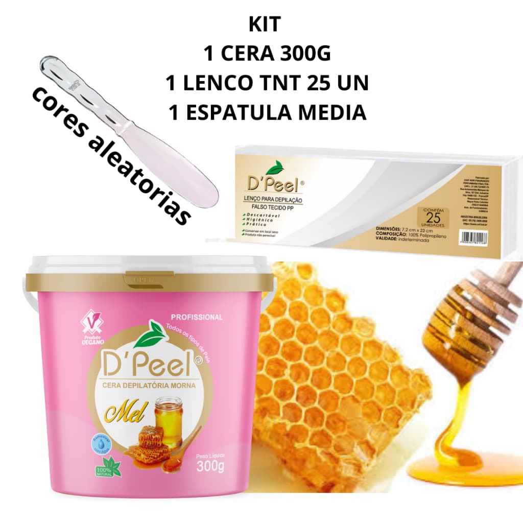 Cera Depilacao Morna 300Gr+1 Pct Lencos TNT 25 Un+1 Espatula Acrilica Santa Clara(cores aleatorias)
