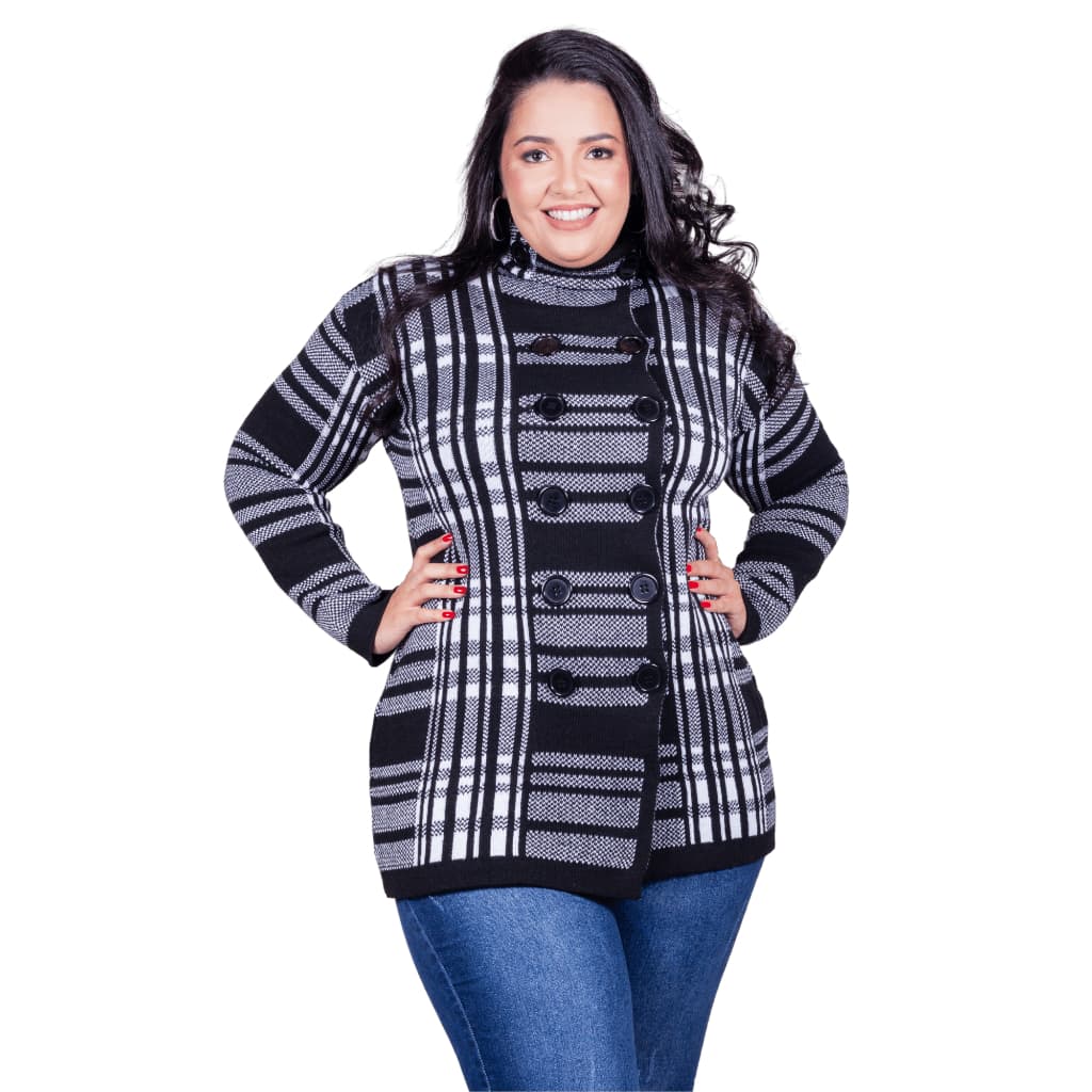 Sobretudo Xadrez Feminino Blogueira Tendência Blusa Manga Longa Tricot Atemporal