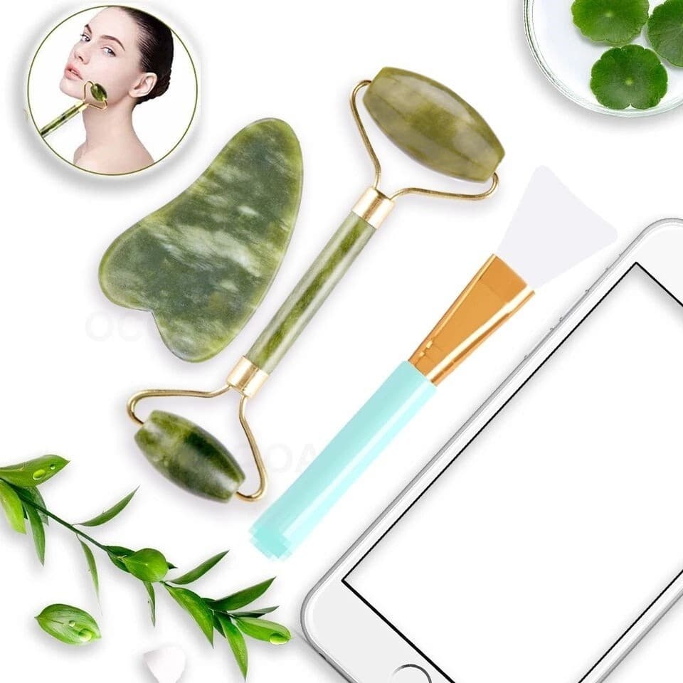 Kit Rolo Massageador Pedra De Jade E Pincel Silicone Para Cremes Skincare