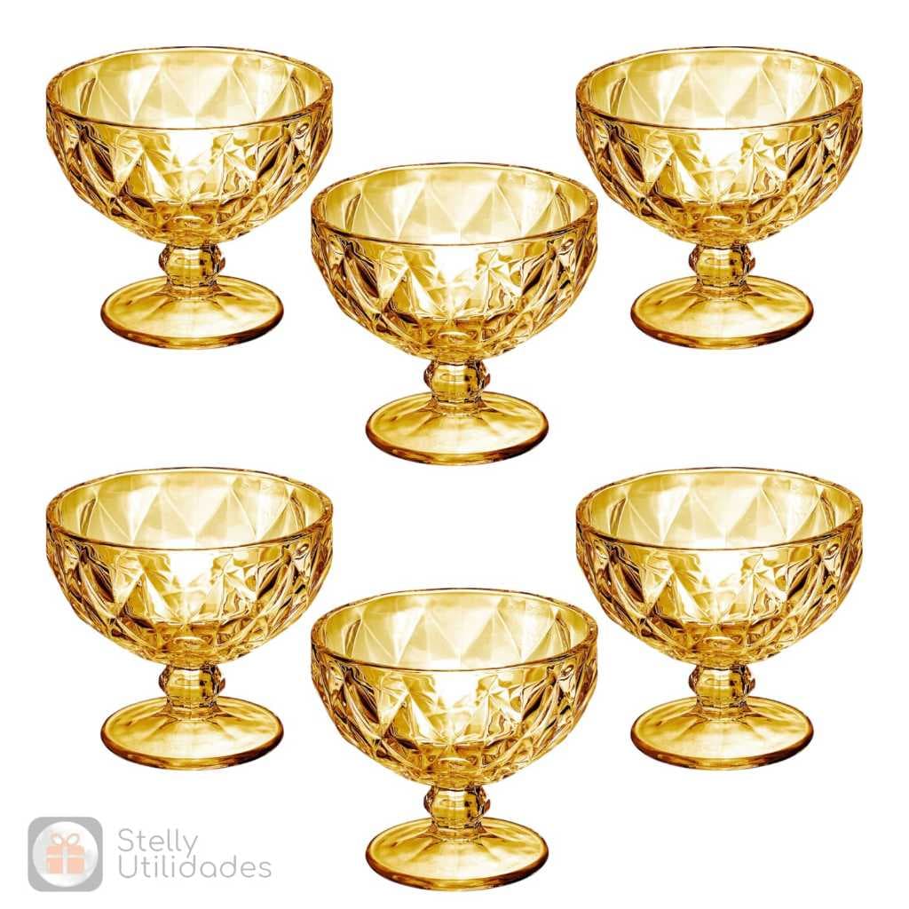 Jogo 6 Taça Sobremesa Diamante Copo Vidro Âmbar 380ml Mesa Cozinha Sofisticada Doce Sorvete
