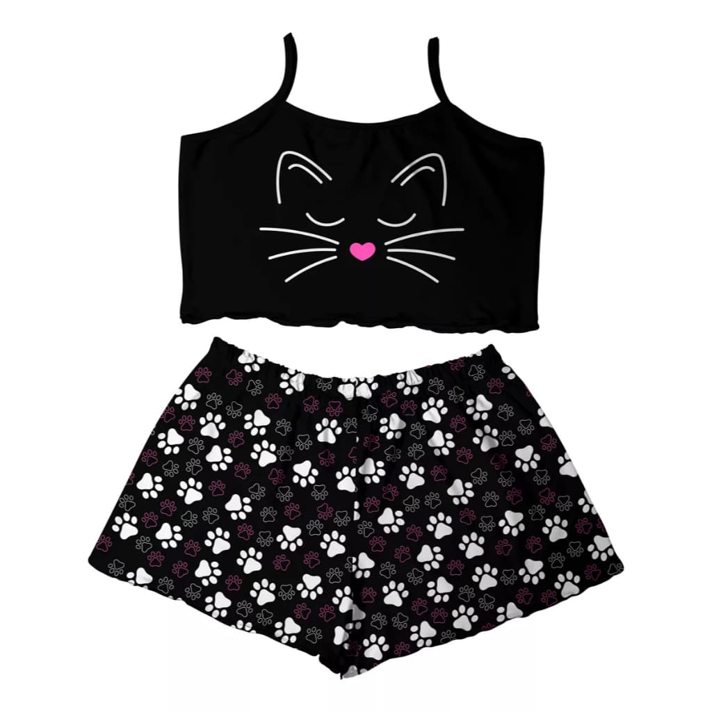Conjunto Pijama Feminino Curto Adulto Gato Blusa Short