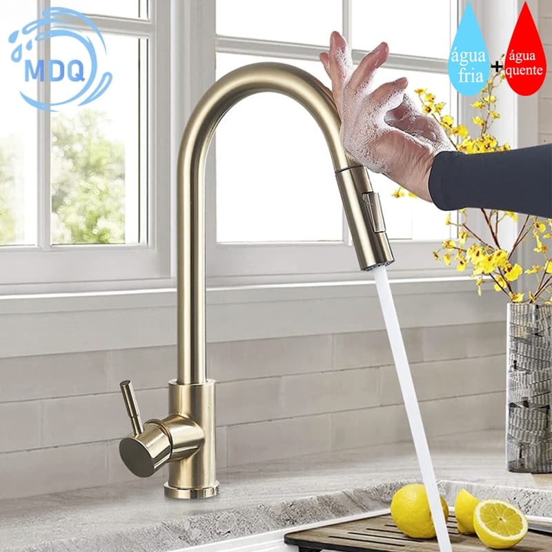 Torneira Sensor Cozinha Gourmet Inox Misturador Tipo Pull-Out Quente E Fria Misturador