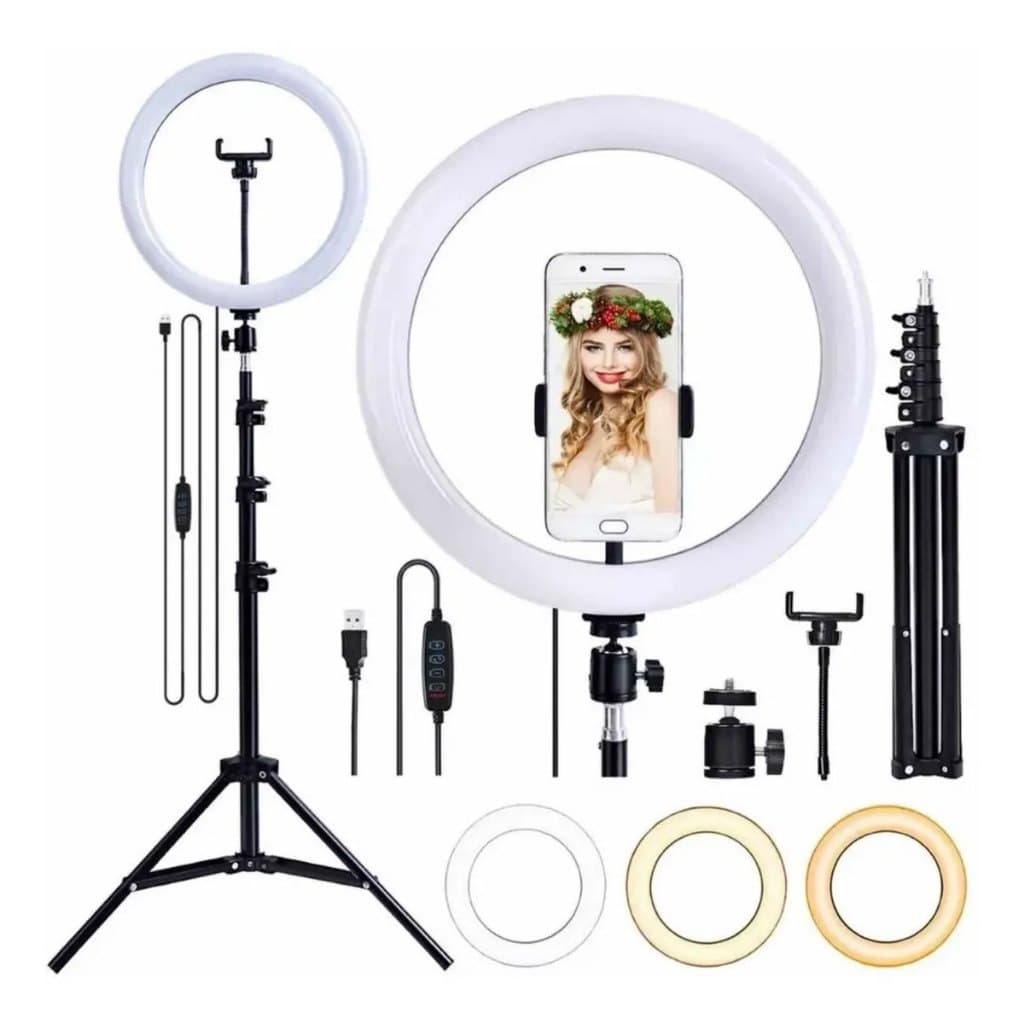 Tripé 2,10 M Tik Tok Qualidade Luz  Vídeo + Ring Light Led Iluminador 26cm