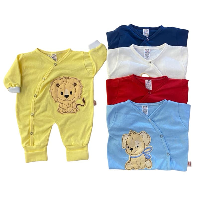 Macacão Para Bebê Menino 100% Algodão Com Botões e Pé Reversivel Bordado em Feltro Lúdico
