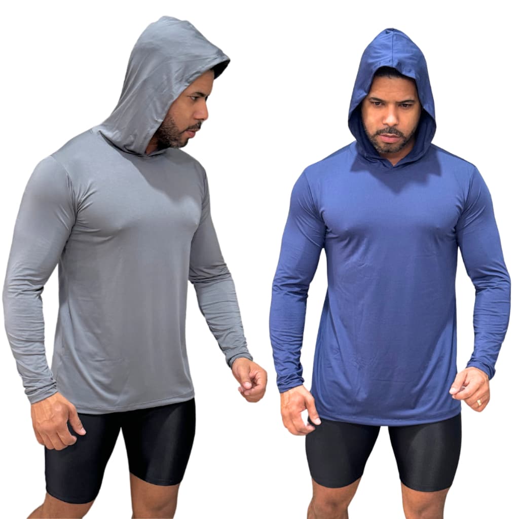 02 Camisa Segunda Pele Masculina UV 50+ com Capuz Térmica para Trabalhadores ao Sol e Academia