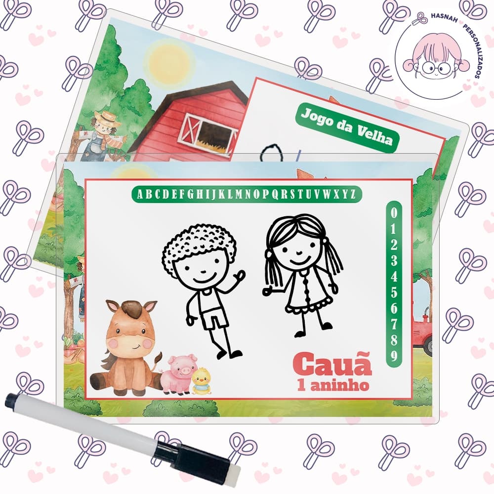Kit 10,15,20,25,30,35,40 Lembrancinha Festa Infantil Lousa Mágica + Caneta Com Apagador Fazendinha