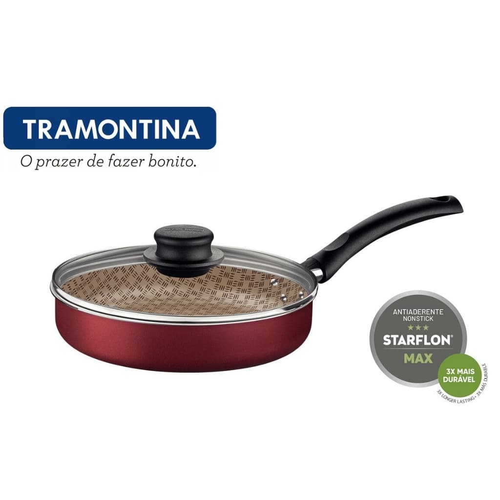 Frigideira Antiaderente Reta Com Tampa 22cm Tramontina Turim Vermelho