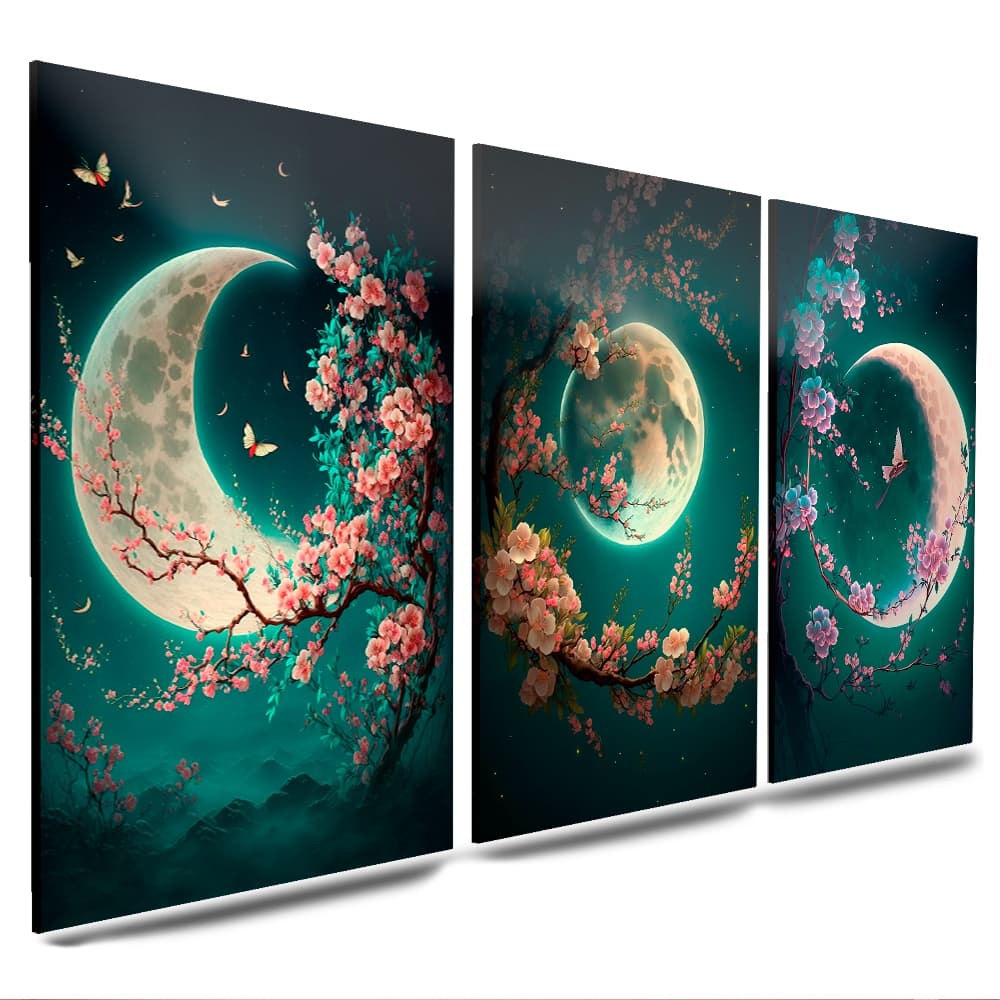 quadros decorativos lua fases flores luar 3 peças luxo para sala(LUA FLORES)