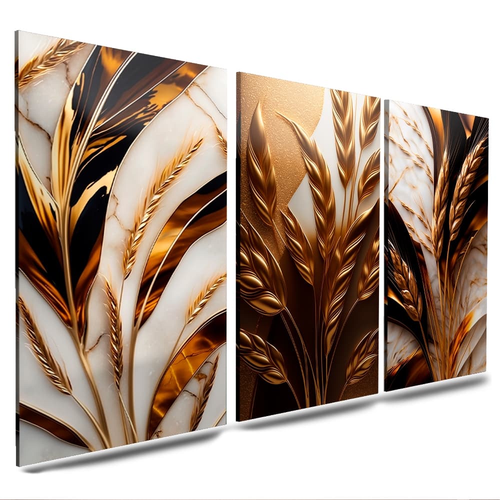 kit quadros flores de trigos douradas luxo 3 peças para sala