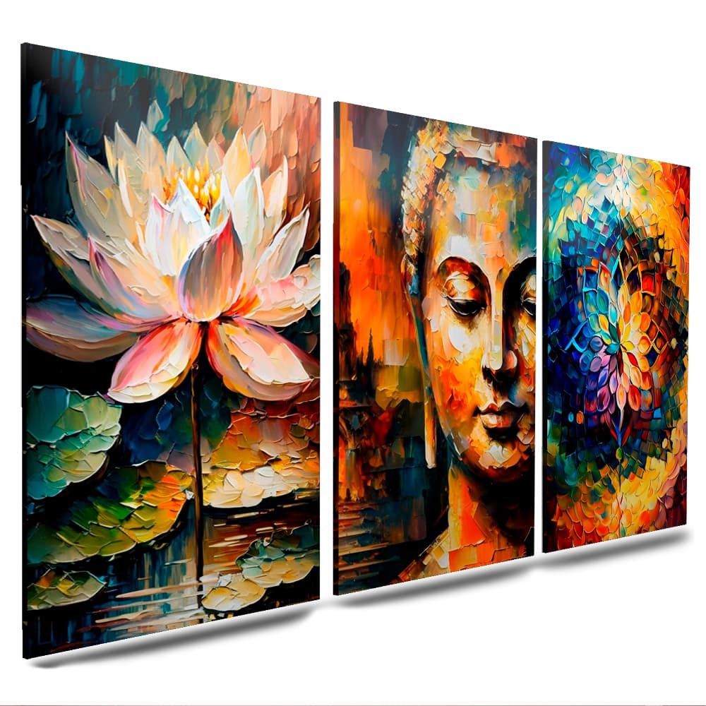 Quadros Decorativos 3 Peças Buda Flores Lotus Coloridas Gold Religião (BUDA COLORIDO)